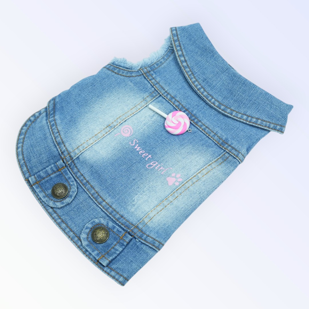 Pet Clothes Dog Jeans Jacket – “Sweet Girl” Lollipop Patch (M)