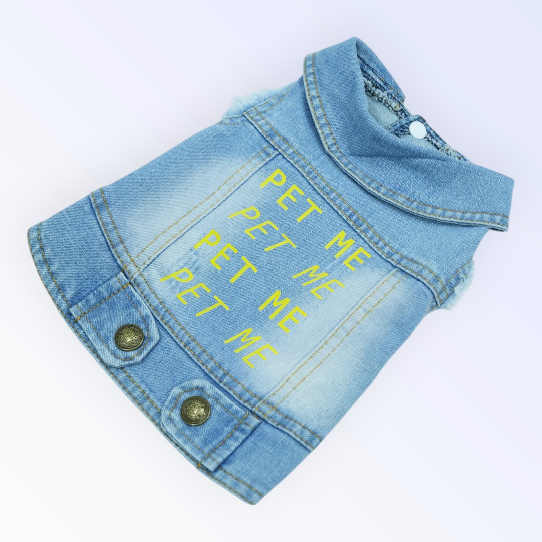 Pet Clothes Dog Jeans Jacket – “Pet Me” Repeated Print (M)