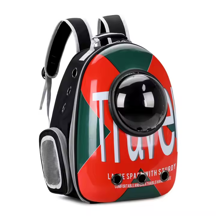 "Travel" Print Pet Carrier Backpack with Bubble Window – Red & Green