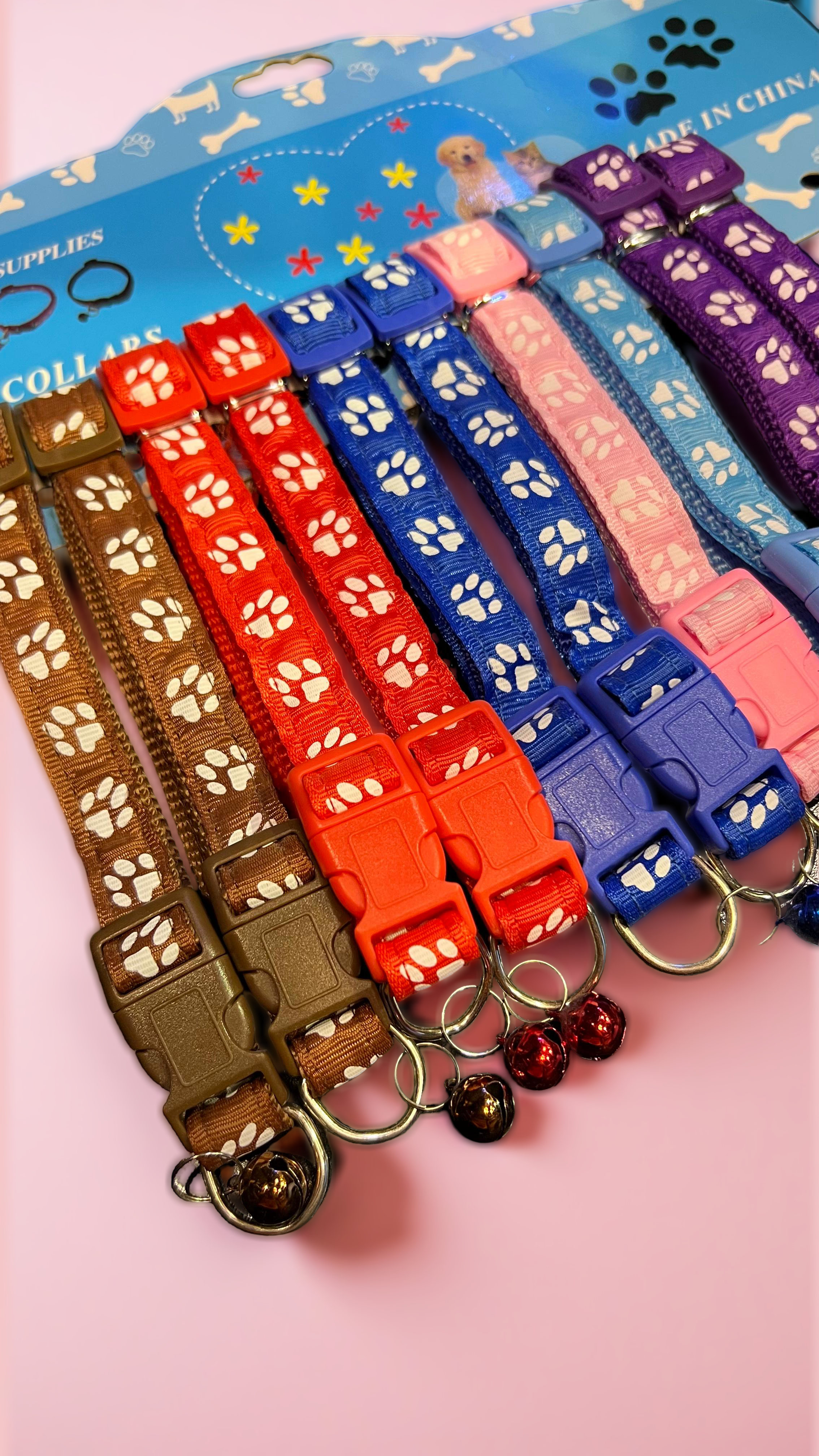 Adjustable Nylon Collar with Bell – Paw Print Design (For Cats & Small Dogs)