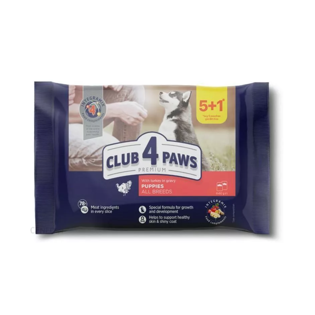 Club 4 Paws Premium Puppy Food with Turkey in Gravy – 6 x 100g (5+1 Offer)
