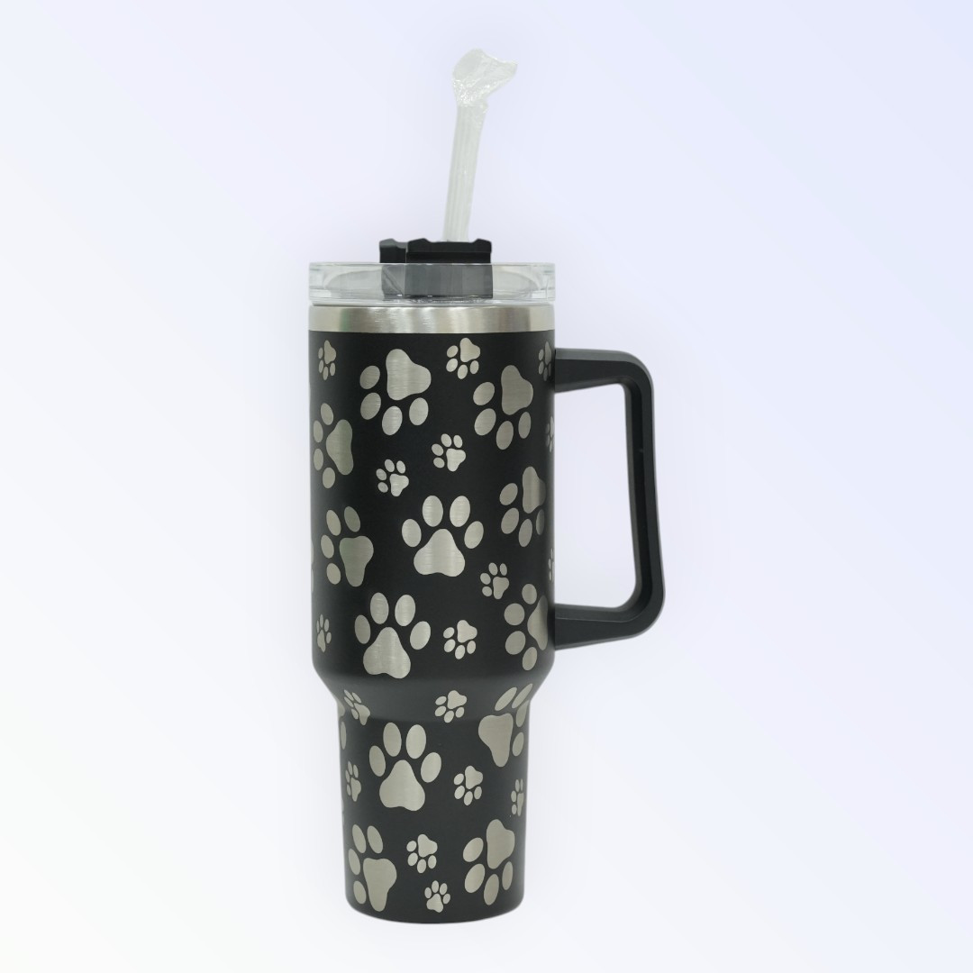 Black Paw Print Tumbler with Handle and Straw