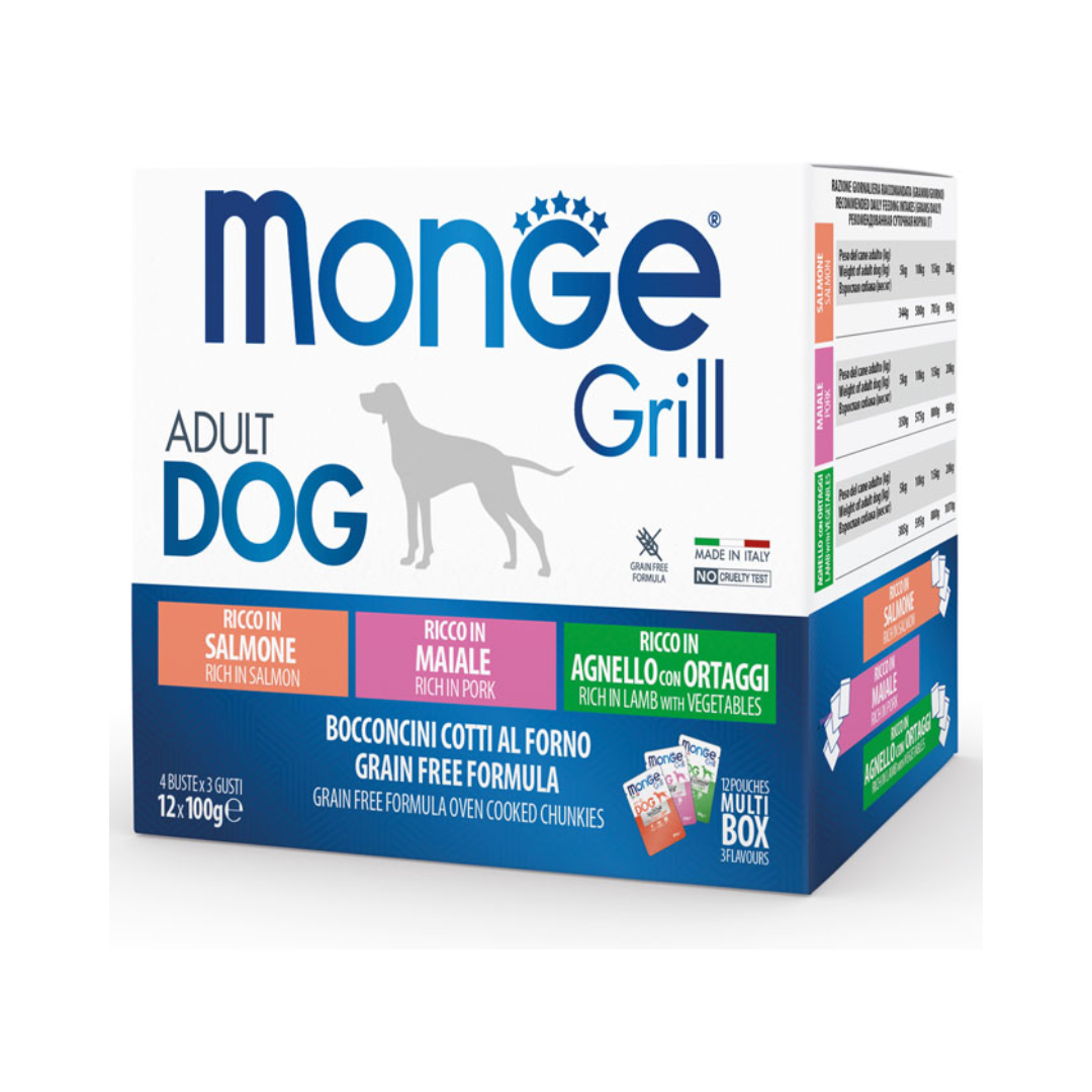 Monge Grill Multipack Adult Dog Pouches – Lamb with Vegetables, Pork & Salmon – 12 × 100g