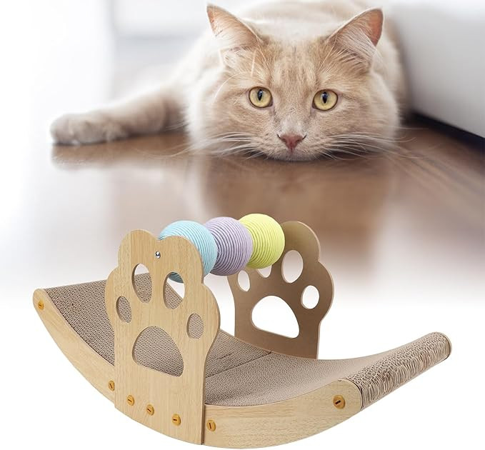 Wooden Rocking Cat Scratcher with Rolling Balls