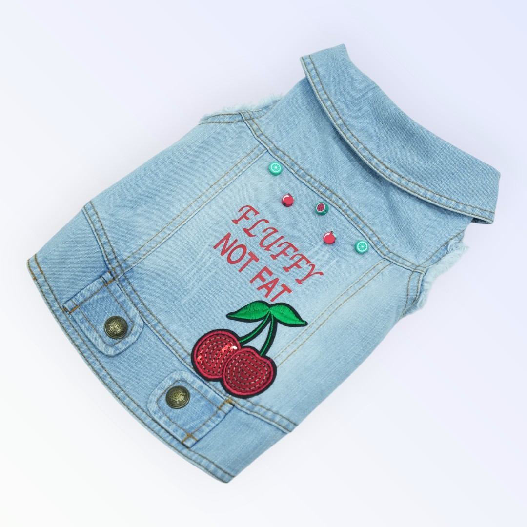 Pet Clothes Dog Jeans Jacket – “Fluffy Not Fat” Cherry Patch (L)