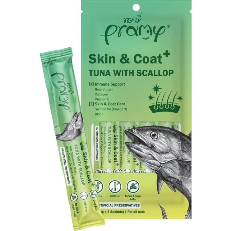 Pramy Skin & Coat+ Tuna with Scallop – Cat Supplement Treats (4 x Sachets)
