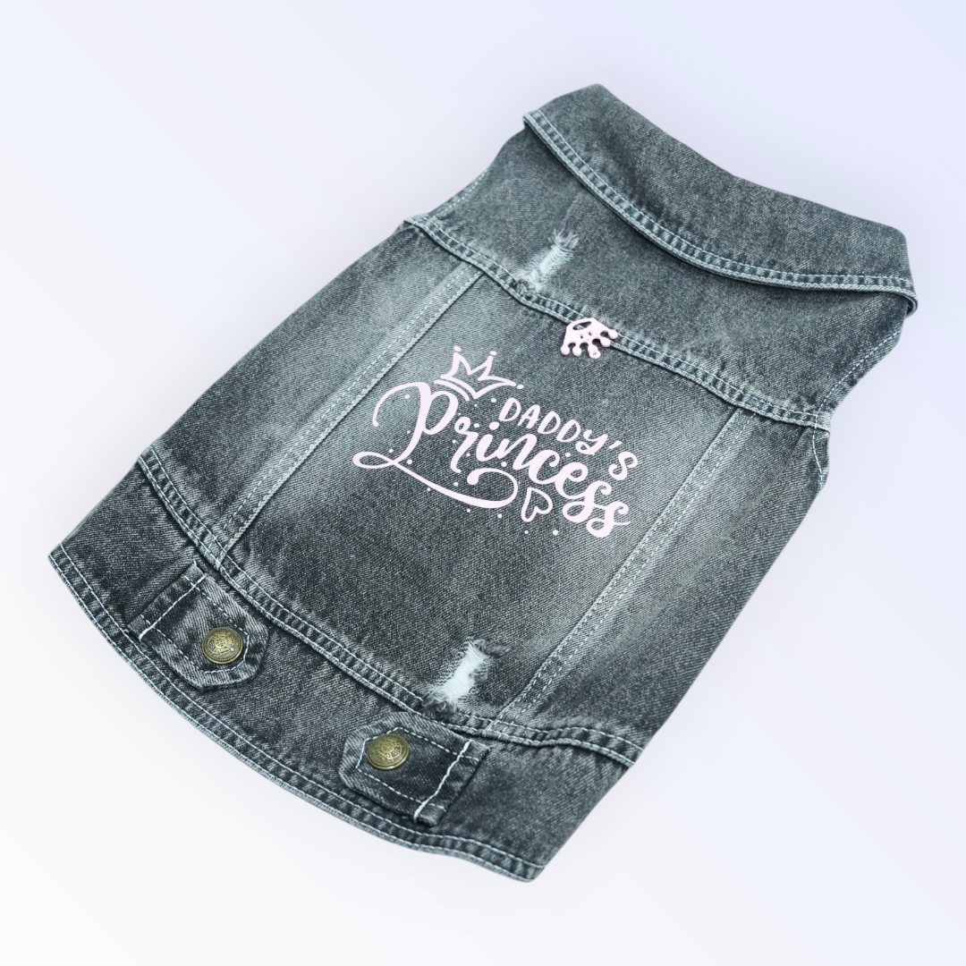 Pet Clothes Dog Jeans Jacket – “Daddy’s Princess” with Pink Crown Charm (XXL)