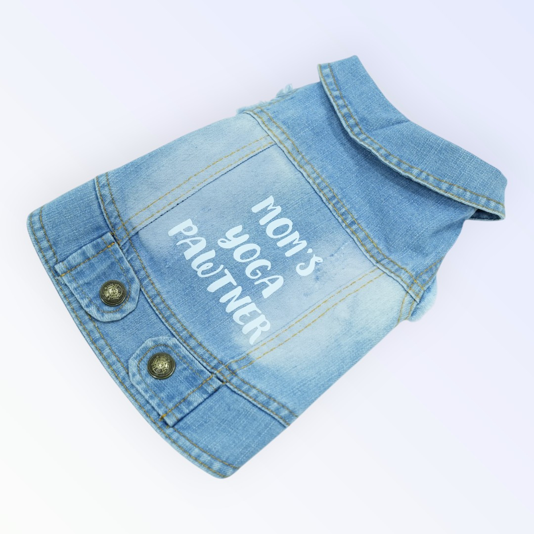 Pet Clothes Dog Jeans Jacket – “Mom’s Yoga Pawtner” Print (M)
