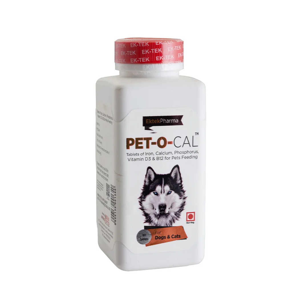 Ektek Pharma Pet-O-Cal Iron, Calcium, Phosphorus, Vitamin D3 & B12 for Dogs & Cats – 60 Tablets