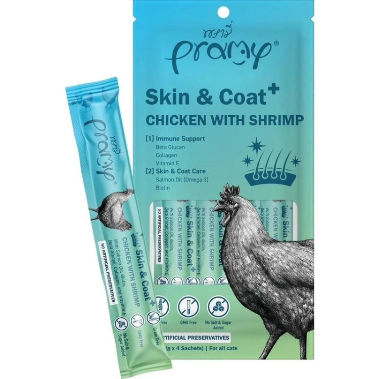 Pramy Skin & Coat+ Chicken with Shrimp – Cat Supplement Treats (4 x Sachets)