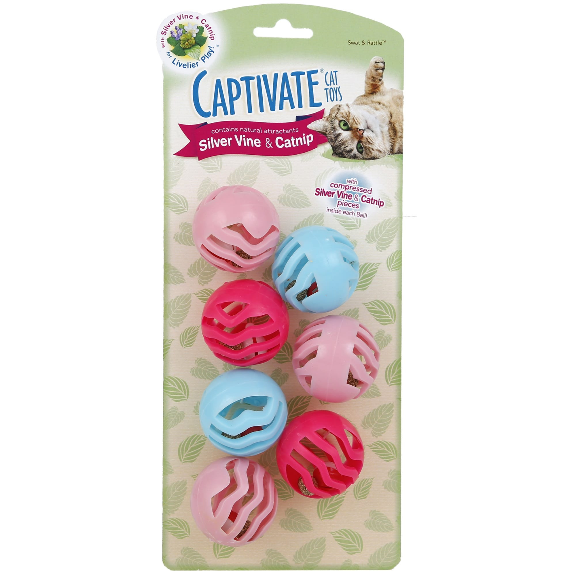Hartz Captivate Cat Toys – Swat & Rattle Balls (Silver Vine & Catnip) – 7-Pack
