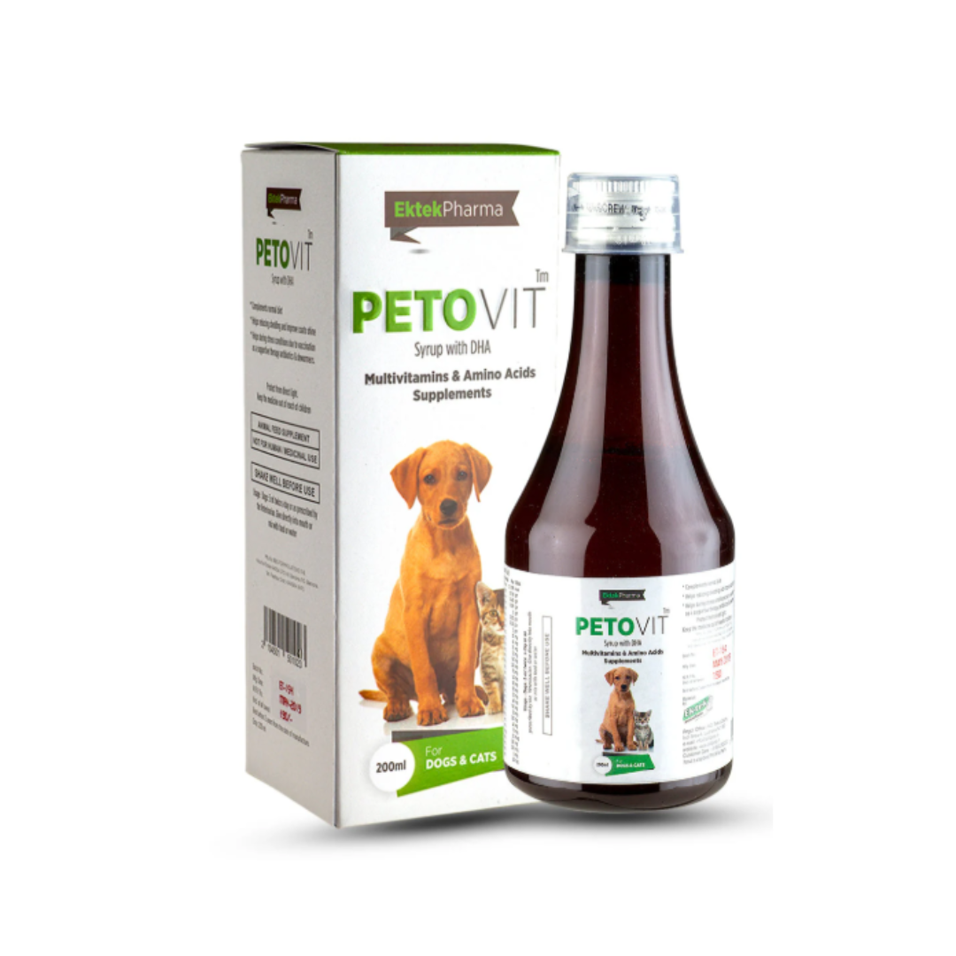 Ektek Pharma Pet-O-Vit Multivitamins & Amino Acids Syrup with DHA for Dogs & Cats – 200 ml