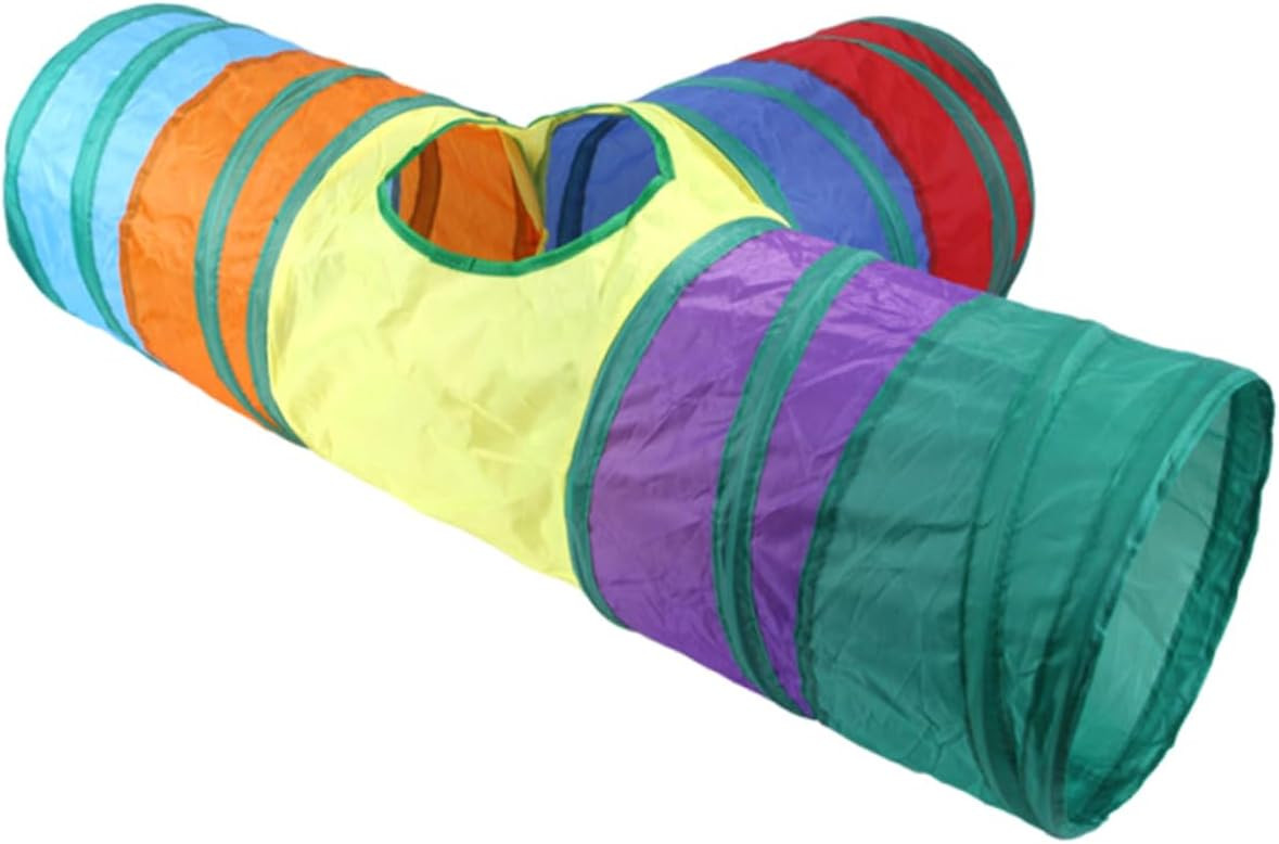 Colorful Foldable Cat Tunnel – Three-Way Play with Peek Hole & Hanging Ball