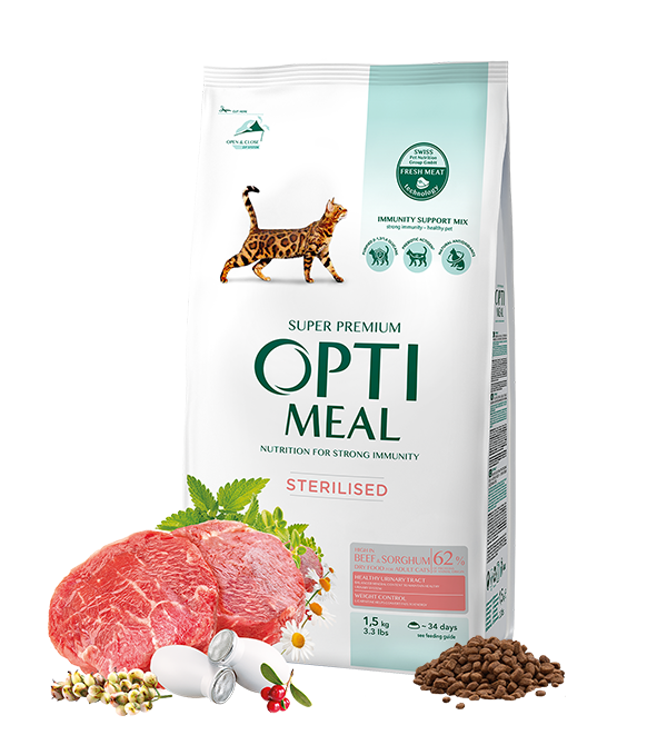Optimeal Complete Dry Pet Food for Sterilised Cats – High in Beef and Sorghum