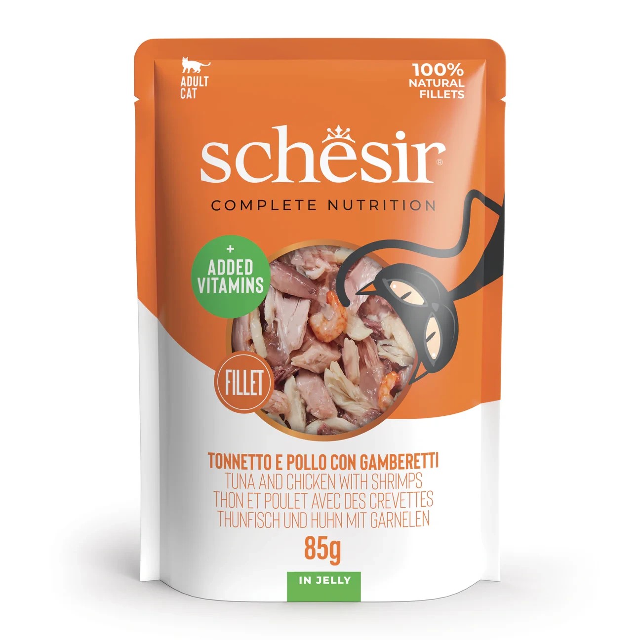 Schesir Complete Nutrition – Tuna Fillets with Chicken & Shrimps in Jelly – 85g Pouch