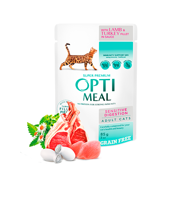 Optimeal Grain Free Complete Сanned Pet Food For Adult Cats With Sensitive Digestion With Lamb And Turkey Fillet In Sauce 85gm
