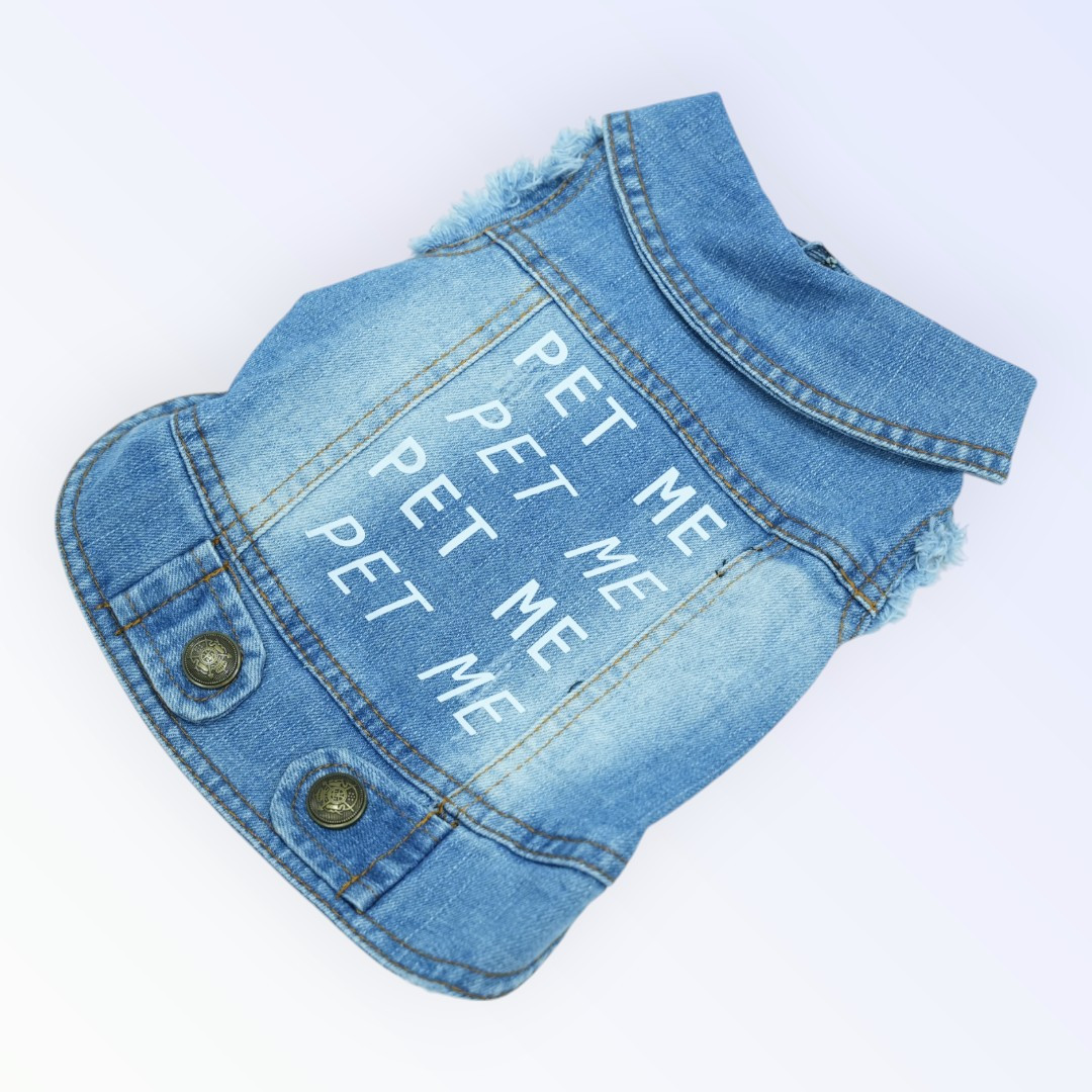 Pet Clothes Dog Jeans Jacket – “PET ME” Repeated Print Design (M)