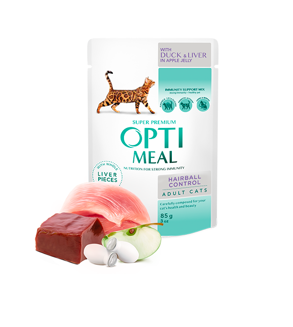 Optimeal Complete Pet Food for Adult Cats Hairball Control with Duck and Slices of Liver in Apple Jelly