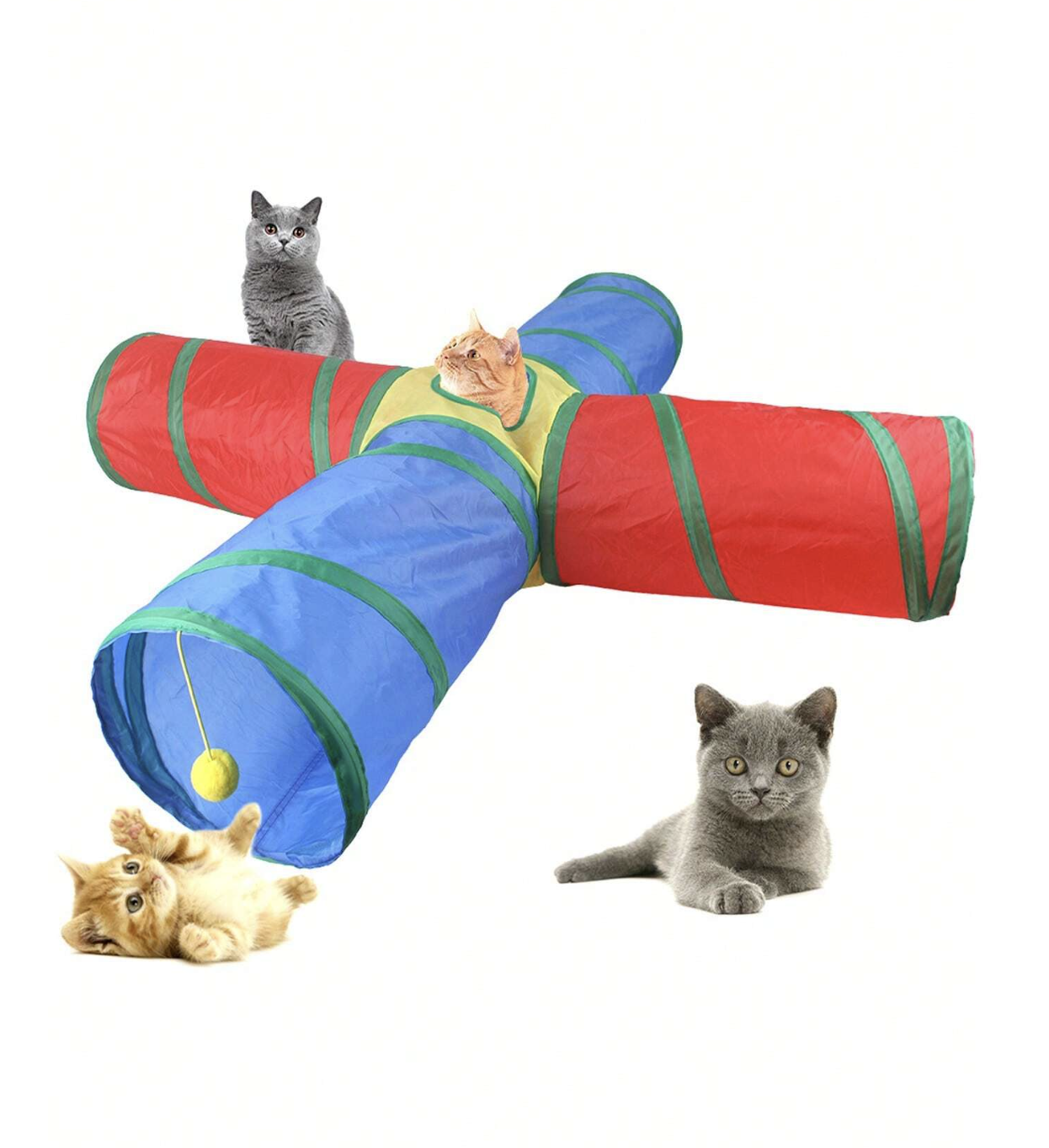 Cat Play Tunnel – Cross Shape with Peek Holes & Hanging Ball