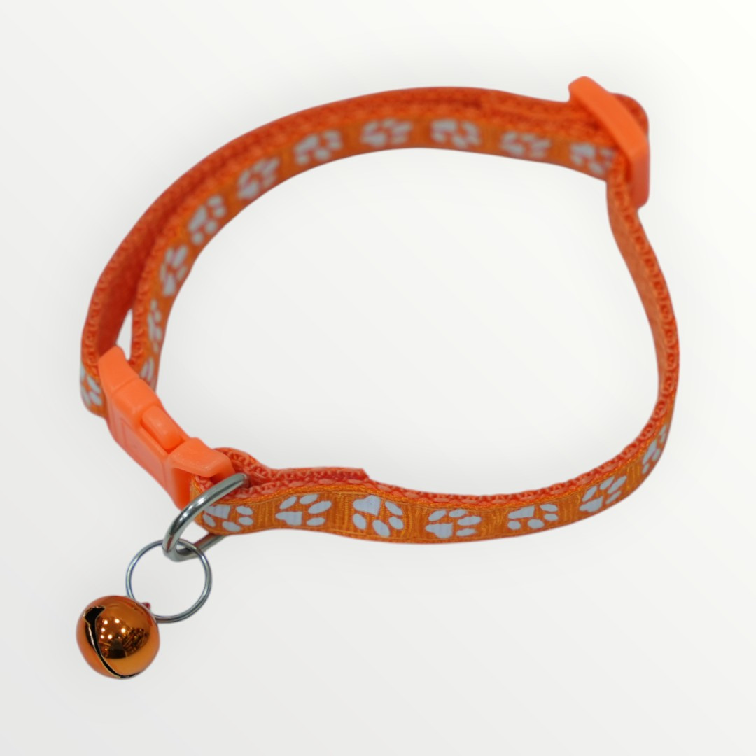 Orange Cat Collar with Paw Print Design and Bell