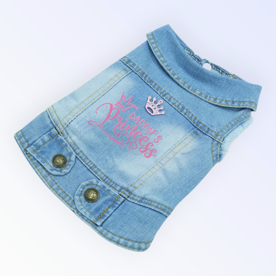 Pet Clothes Dog Jeans Jacket – “Daddy’s Princess” Embroidered Design (M)