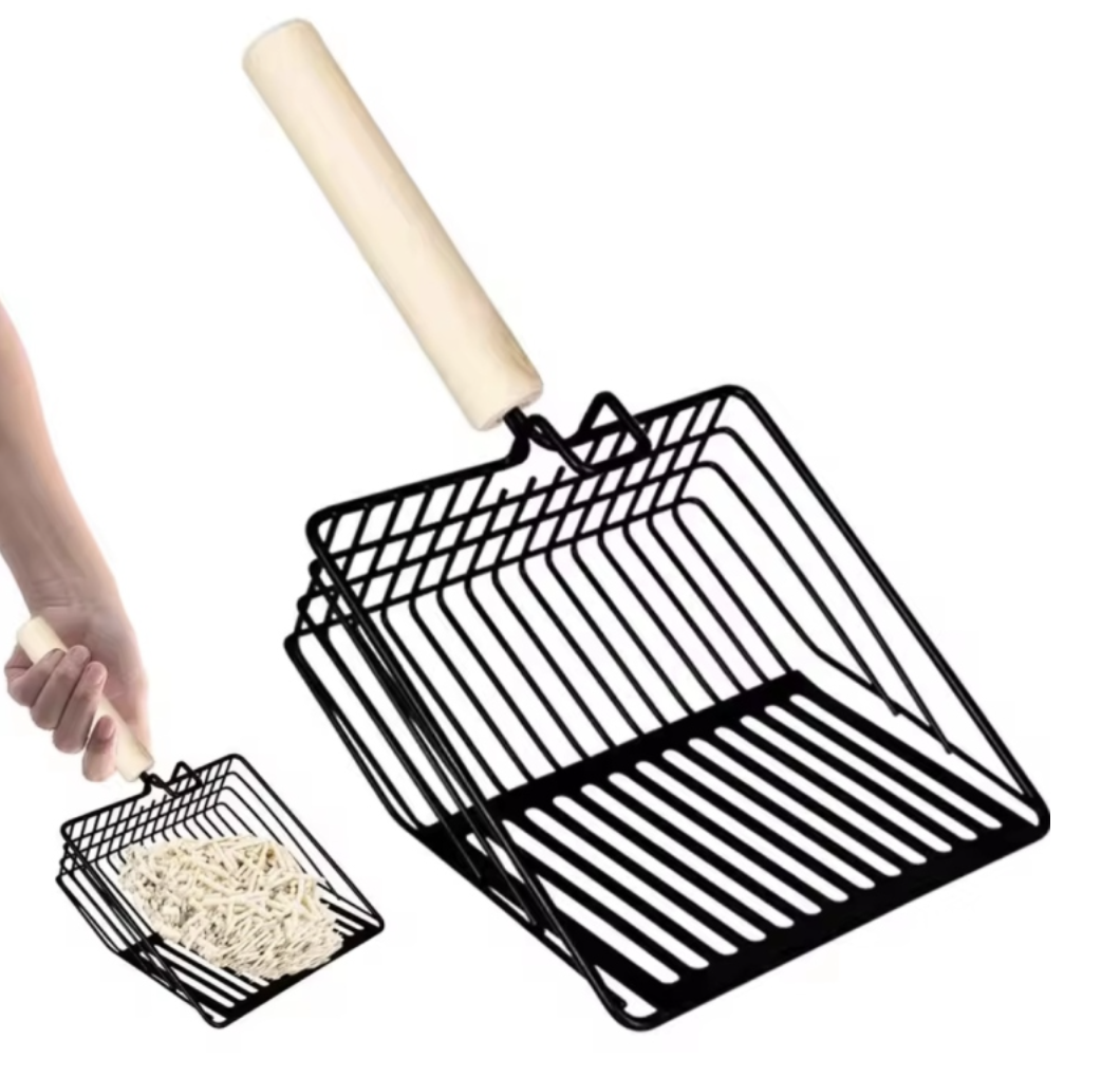 Heavy-Duty Black Metal Cat Litter Scoop – Wooden Handle