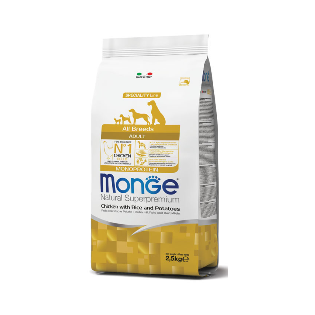 Monge Natural Superpremium Specialty Line All Breeds Adult Dog Food – Monoprotein Chicken with Rice & Potatoes  2.5kg