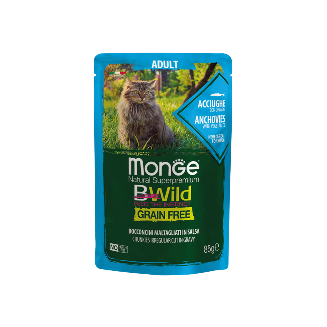 Monge Natural Super Premium Bwild Grain Free Formula Adult Cat Irregular Cut Chunkies in Gravy Anchovies with Vegetables