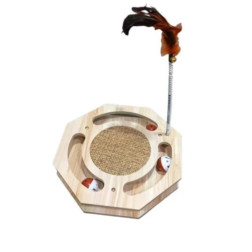 Hexagonal Wooden Cat Scratcher & Interactive Toy with Feather Teaser