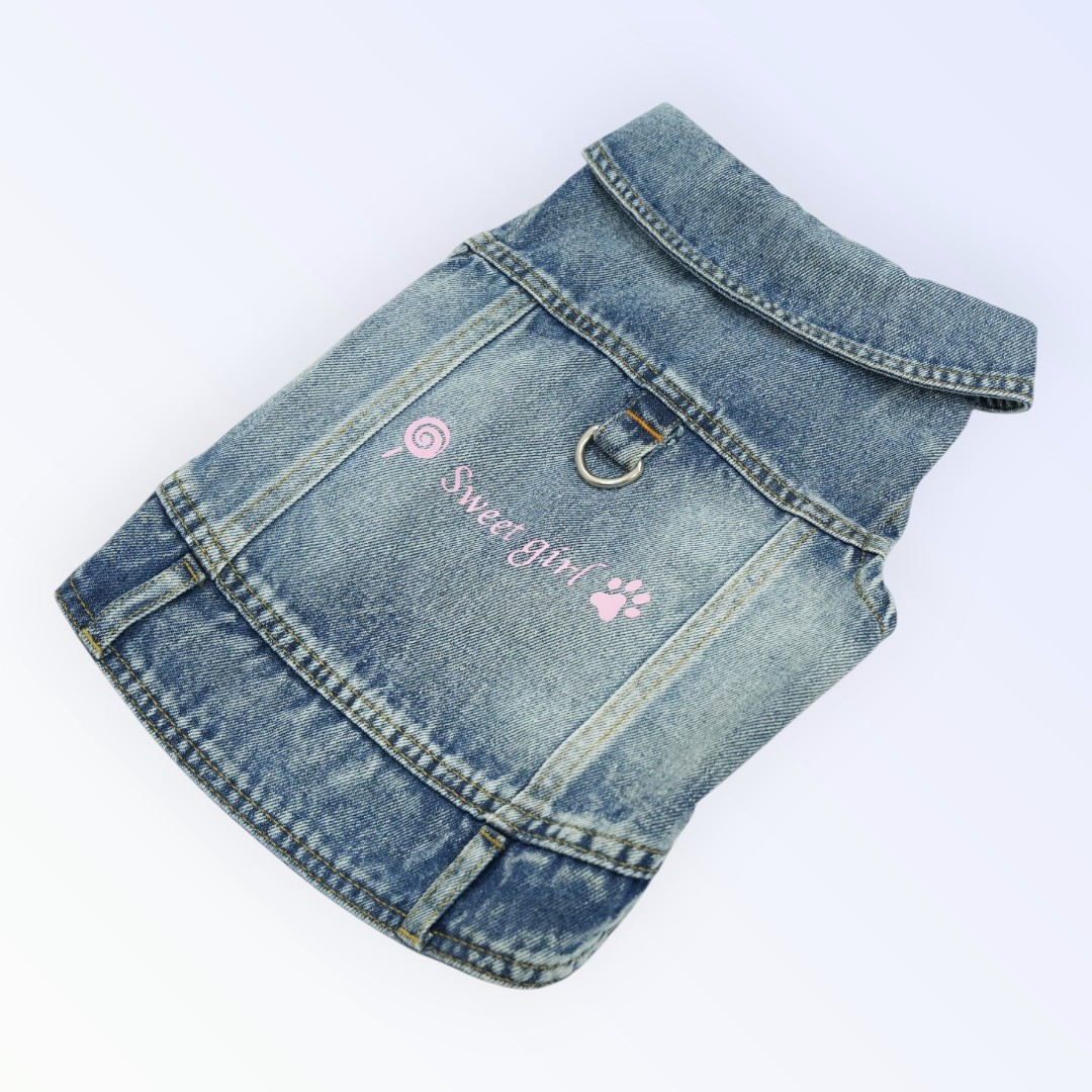 Pet Clothes Dog Jeans Jacket – “Sweet Girl” Design with D-Ring (L)